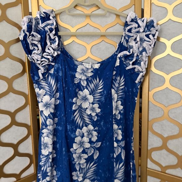 Vintage Hawaiian KY's Hawaii Size L Blue White Hibiscus Floral Ruffle Midi Dress - Picture 3 of 16